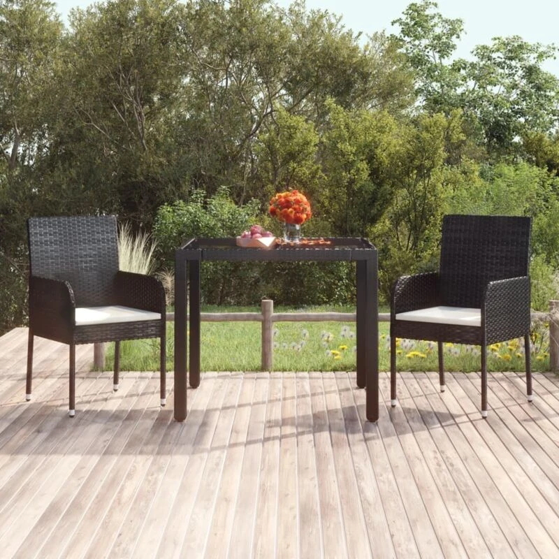 Image of vidaXL Garden Table with Glass Top Black 90x90x75cm Poly Rattan, Black 319895