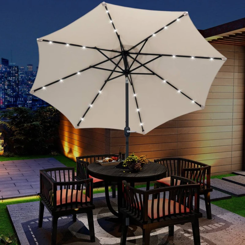 Image of Outsunny 24 LED Solar Powered Parasol Umbrella Garden Tilt Outdoor String Light Cream