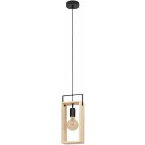 Image of Hanging Ceiling Pendant Light Black & Natural Wood Frame 1 x 40W E27 Bulb