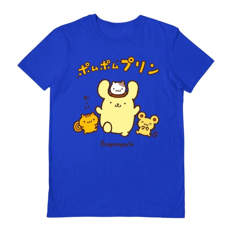 Image of Sanrio Mens 4 Friends Pompompurin T-Shirt in Blue Size: Small Blue Male S