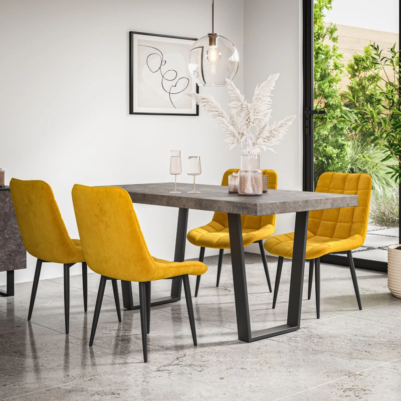 Image of More4Homes Aria Dining Table And Chairs - Concrete Effect Table Top W Black Legs + Nova Velvet Dining Chair Set Of 6 (Mustard)
