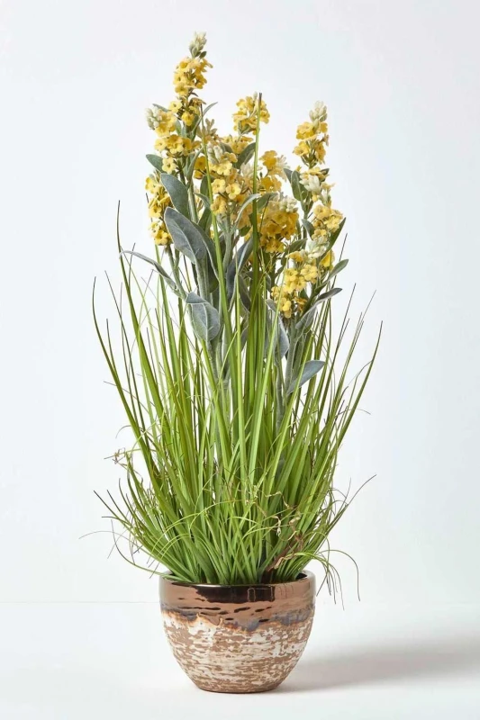 Image of Homescapes Artificial Lavender Plant in Decorative Metallic Ceramic Pot, 66cm Yellow