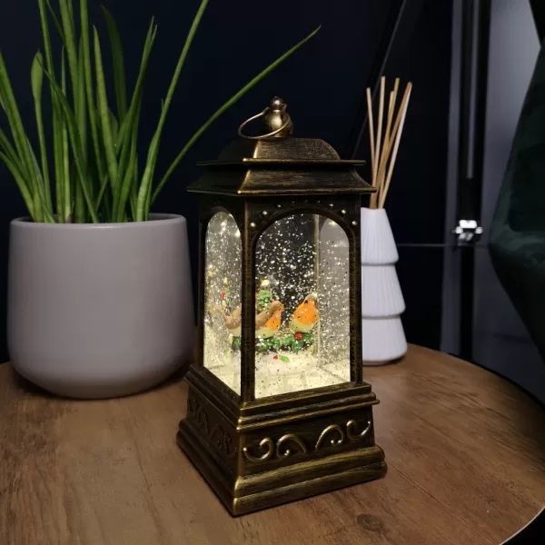 Image of 21cm Battery Operated Christmas Robin Scene Glitter Water Spinner Lantern Decoration