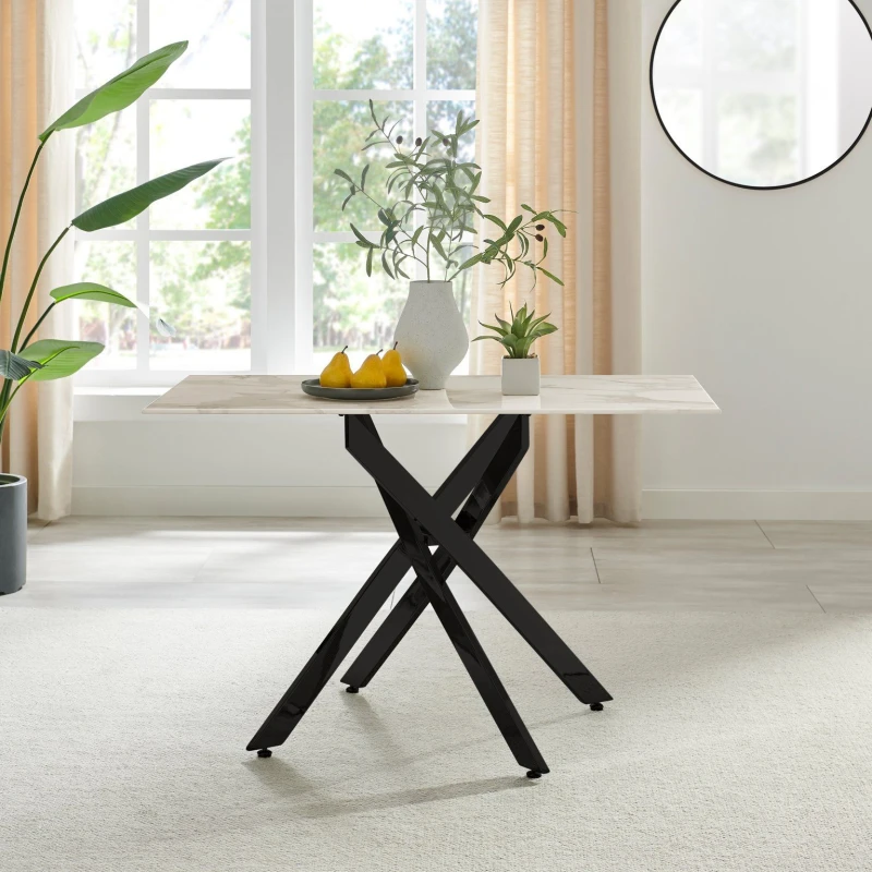 Image of FurnitureboxUK FurnitureboxUK Leonardo 4-Seater Dining Table With Marble Effect Glass Top And Black Metal Legs in White White One Size Unisex 50565426