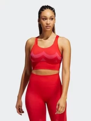Image of adidas Marimekko Aeroknit Long-line Bra, Red Size M Women
