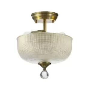 Image of Luminosa Talisa 2 Light Semi Flush Ceiling Lamp E27 With Round 26.5cm Prismatic Effect Glass Shade Antique Brass, Clear