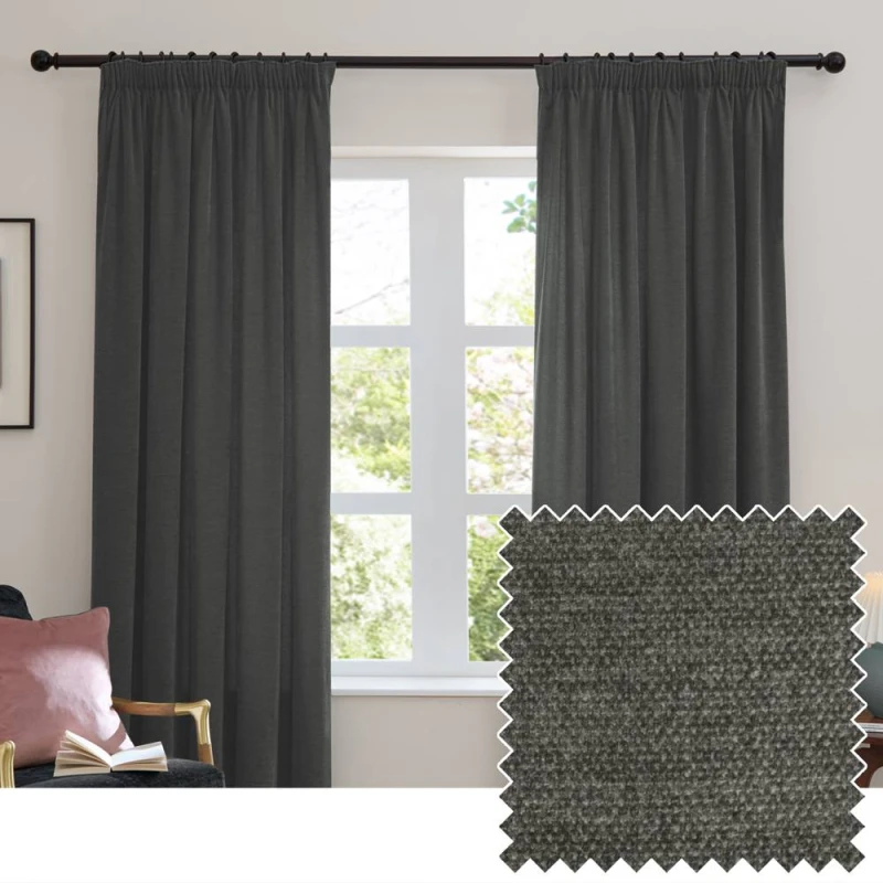 Image of Furn Soft Chenille Blackout Pencil Pleat Curtain Pair in Charcoal Size: 168cm width x 137cm drop Charcoal Unisex 168cm width x 137cm drop