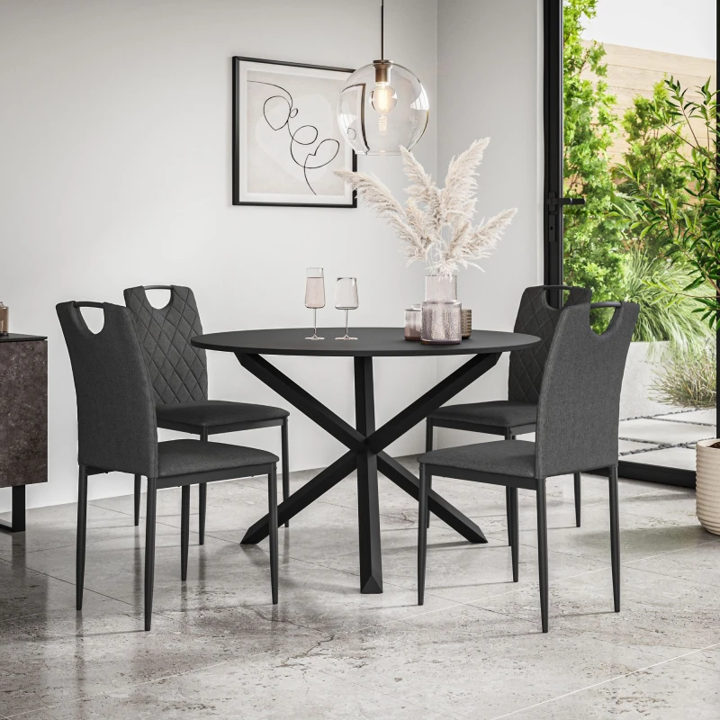 Image of More4Homes Malvern Round Dining Table And Chairs - Black Table Top W Solid Oak Black Legs + Monza Fabric Dining Chair Set Of 4 (Charcoal)