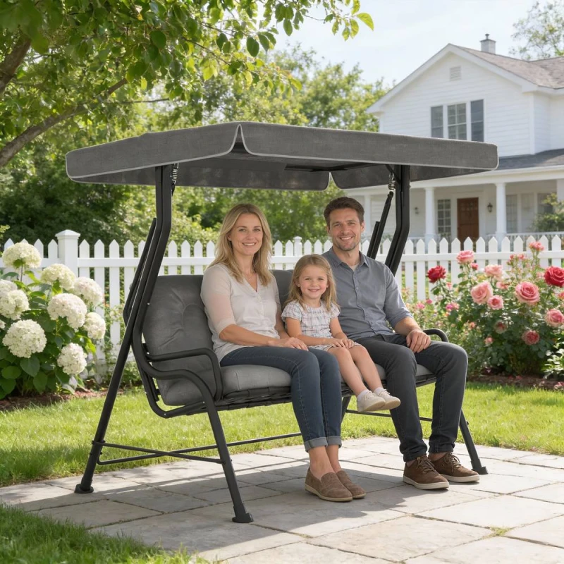 Image of Outsunny 3-Seater Garden Swing Seat, Outdoor Swing Chair with Canopy, Grey 84A-140V01LG