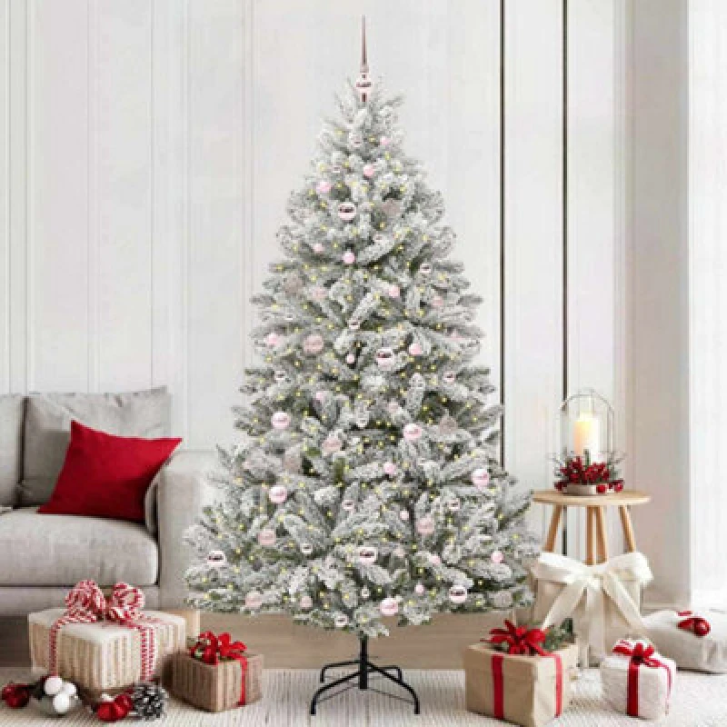 Image of vidaXL Artificial Christmas Tree with Pink Balls Green and White 210cm PVC and Metal, Green 3395759