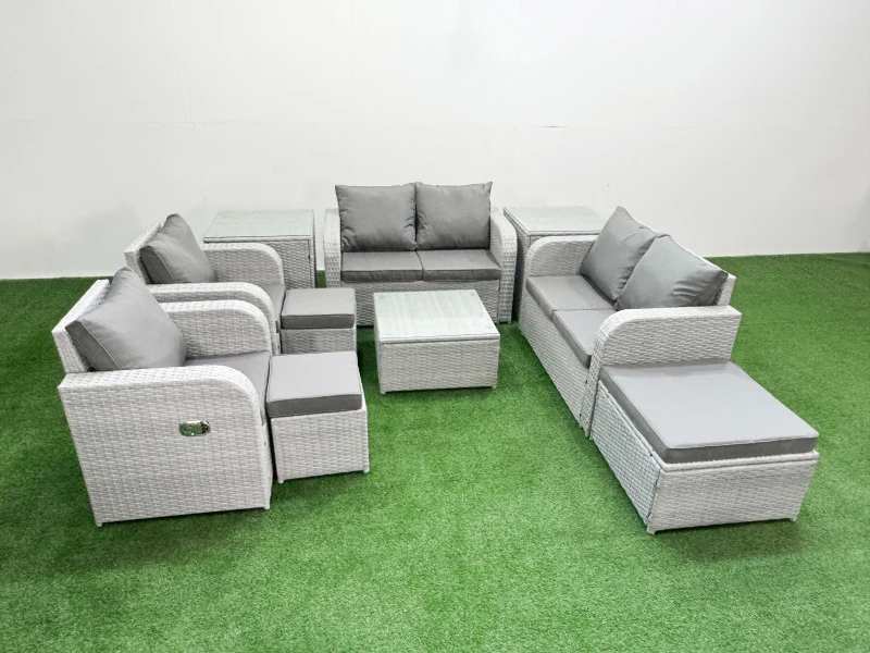 Image of Fimous 9 Seater Outdoor Reclining Chair Love Sofa Set Rattan Garden Furniture Set with Square Coffee Table 3 Stools 2 Side Table Light Grey Light Grey