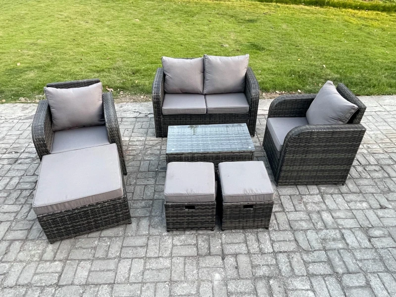 Image of Fimous Wicker PE Rattan Outdoor Furniture Set Garden Love Sofa Coffee Table 2 Armchair 3 Footstools Dark Grey Mixed Dark Grey