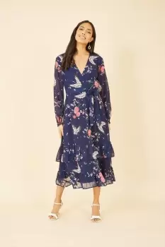 Image of Navy Crane Print Long Sleeve Wrap Midi Dress
