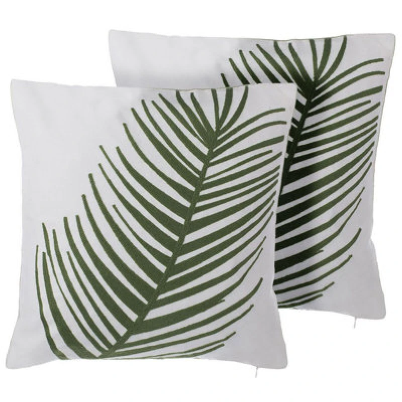 Image of Beliani Set Of 2 Decorative Cushions Azami Cotton 45 X 45cm Dark Green Plant Pattern