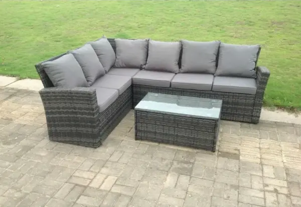 Image of Fimous 6 Seater Outdoor Dark Grey Rattan Lounge Complete Sofa Set with Oblong Coffee Table