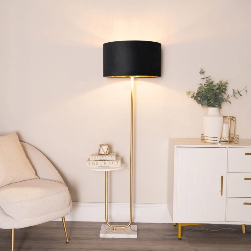 Image of ValueLights ValueLights Tavel Gold Floor Lamp with Table and Velvet Drum & Gold Inner Lamp Shade & Bulb in Black One Size Unisex 5059406061493