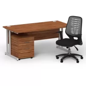 Image of Impulse 1600 x 800 Silver Cant Office Desk Walnut + 2 Dr Mobile Ped & Relay Silver Back