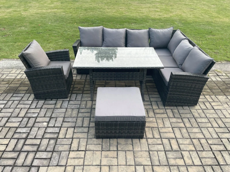 Image of Fimous 8 Seater Garden Rattan Furniture Corner Sofa Dining Table Chair Set with Big Footstool Indoor Outdoor Lounge Sofa Set in Dark Grey Dark Grey Un