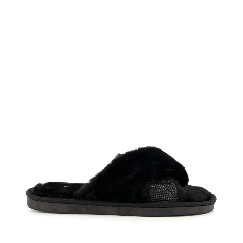 Image of Dune London Winta Diamante Cross Strap Faux Fur Slippers Black female UK 4