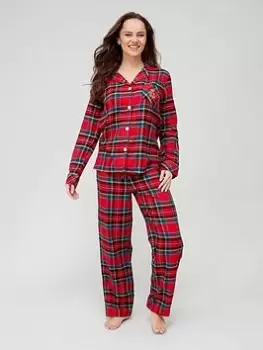 Image of Lauren by Ralph Lauren Brushed Twill Notch Collar Long Pant Pyjama Set - Red Plaid, Red, Size S, Women