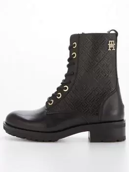 Image of Tommy Hilfiger TH Monogram Biker Boots - Black, Size 37, Women