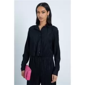 Image of I Saw It First Black Co-Ord Plisse Cropped Long Sleeve Shirt - Black