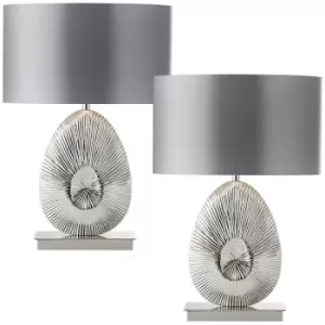 Image of 2 PACK Unique Detailed Table Lamp Polished Nickel Base & Shade Modern Bedside
