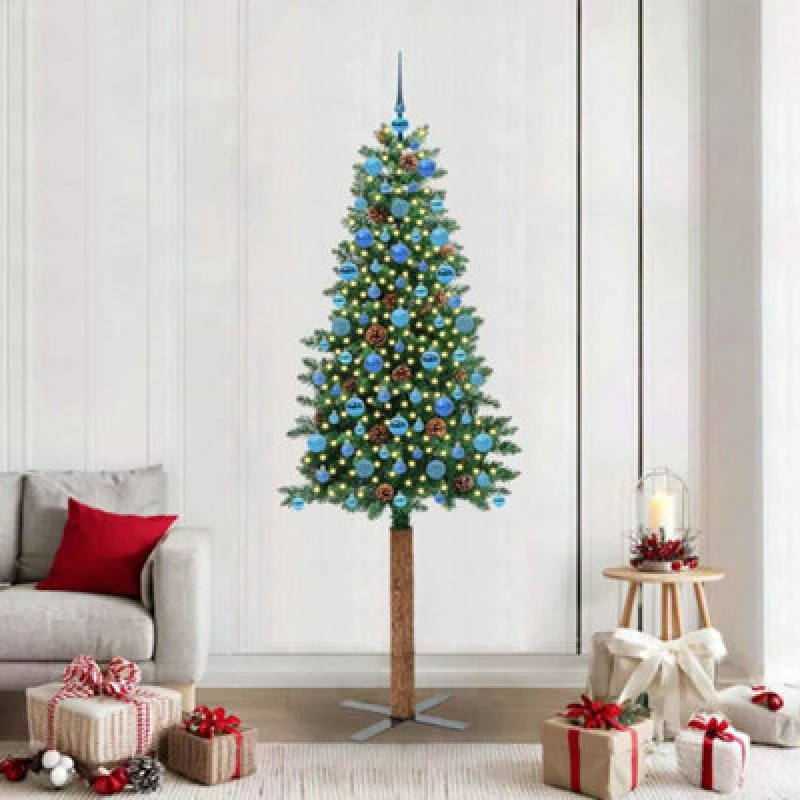 Image of vidaXL Slim Christmas Tree with Blue Balls Green 210cm PVC and Solid Pine wood, Green 3394884