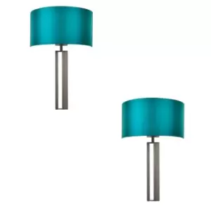 Image of 2 PACK Brushed Bronze Slotted Wall Light & Teal Satin Half Shade - Dimmable