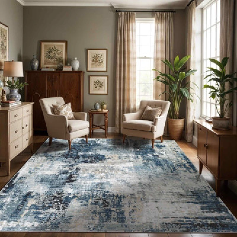 Image of Livabliss Abstract Modern Marble Denim Lena Area Rug 140 X 200 Cm - Easy Care, Non Shedding, Ideal For Living Room & Bedroom