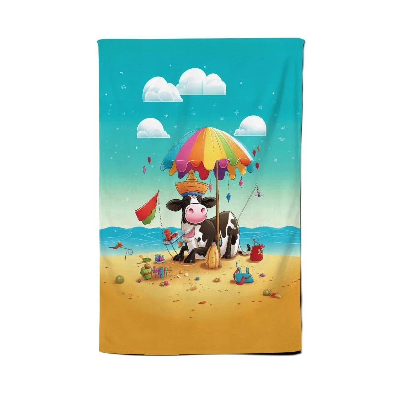 Image of Warren Reed - Designer Cow On A Beach Holiday Tea Towel in Yellow Yellow Unisex