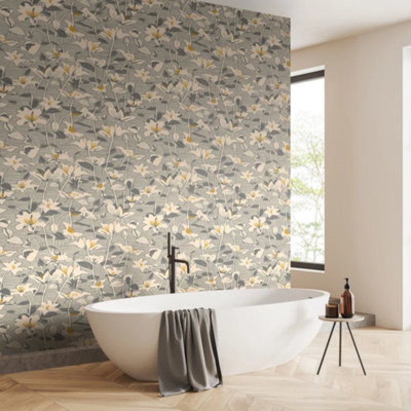 Image of Hoopla Walls Lino Leaves - Gunmetal 10M Wallpaper
