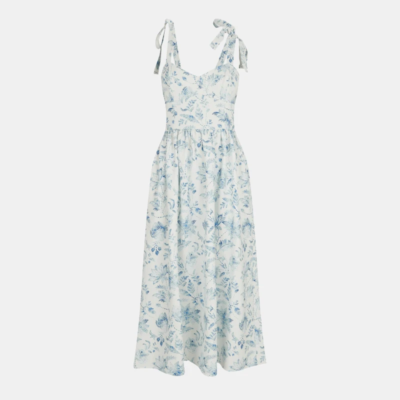 Image of French Connection Womens Serenity A Line Dress Cream/Blue female 10 (S)