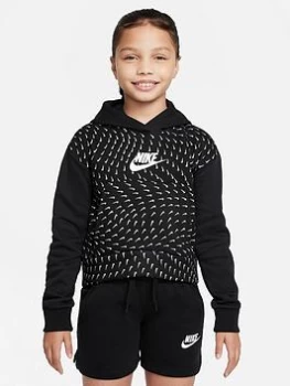 Image of Nike Junior NSW Fleece All-Over Print Hoodie - Black/White, Size L=12-13 Years, Women