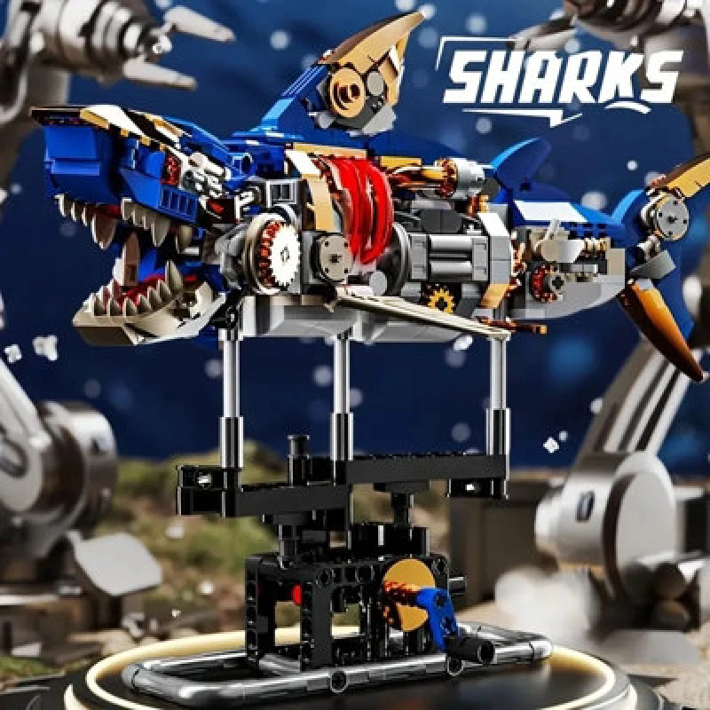 Image of Dyzi Mechanical Shark Building Ornament Set With Display Stand & Light 687Pcs Marine Animal Stem Toy Legos Compatible