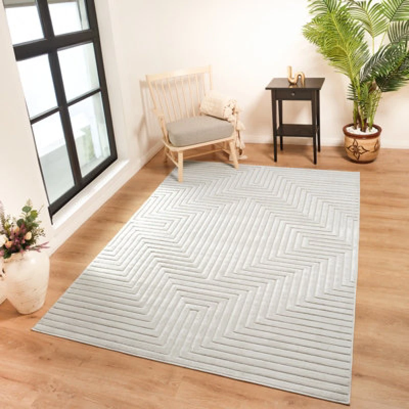 Image of Livabliss In- & Outdoor 3D High & Low Pile Textured White Naoko Area Rug 200 X 275cm - Easy To Clean, Perfect For Balcony Or Dining Room