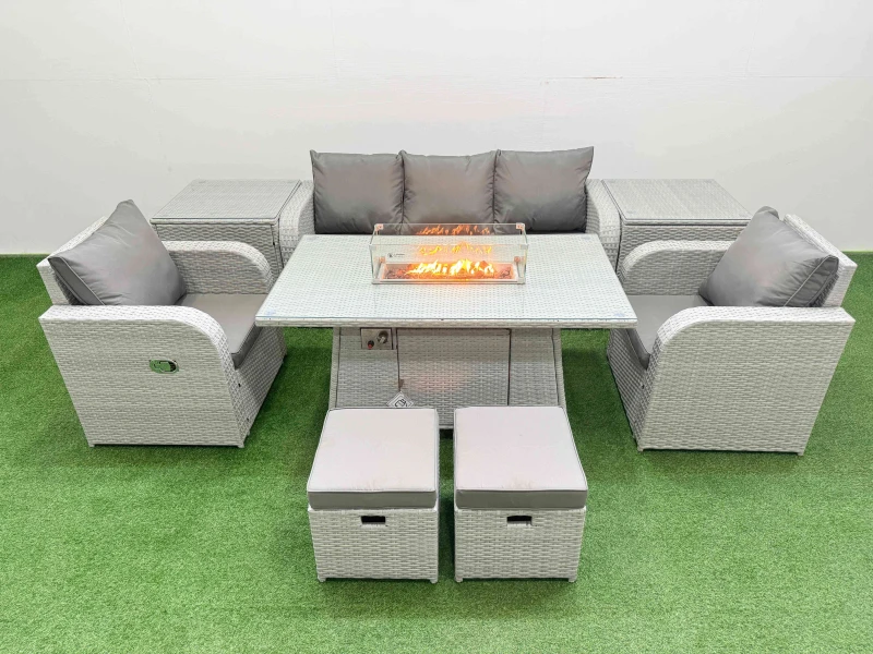 Image of Fimous PE Rattan Garden Furniture Set Reclining Chair Sofa Lounge Sofa Set Firepit Dining Table 2 Side Table 2 Small Stools Light Grey Light Grey