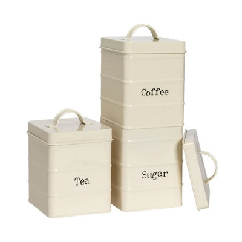 Image of Harbour Housewares Kitchen Tea Coffee Sugar Canisters - Cream - Vintage Metal Storage Caddy Tin Jar
