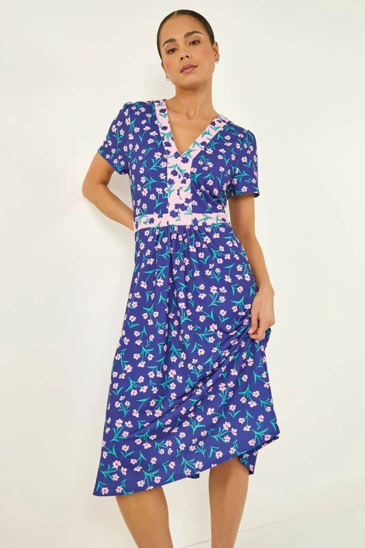 Image of Roman Womens Petite Floral Contrast Stretch Midi Dress in Blue Size: 14 Blue Female 14