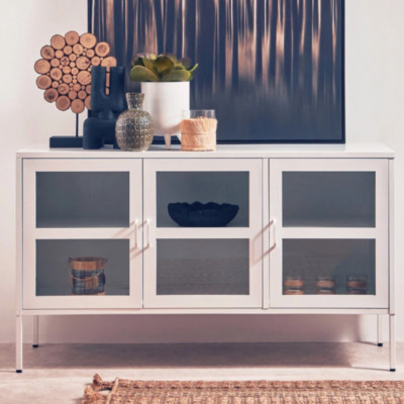 Image of Orsina Adjustable Three Door White Metal Sideboard, Industrialmid Century Sideboard, Versatile Modern Sideboard