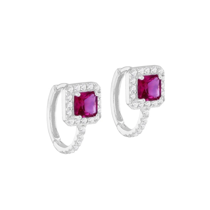 Image of Be You Sterling Silver CZ Ruby Cushion Huggy Earrings Sterling Silver female One Size