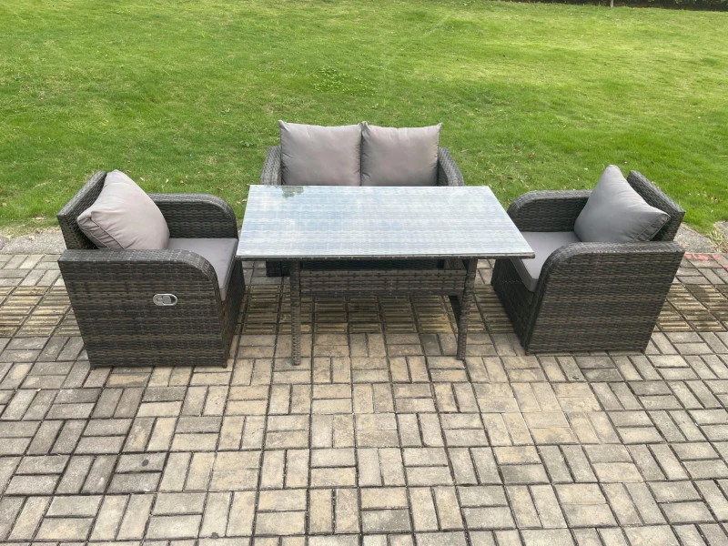 Image of Fimous Rattan Garden Furniture 4 Piece Grey Patio Furniture Set Patio Conservatory 4 Seater Set Outdoor Rectangular Table & Chairs in Dark Grey Dark G