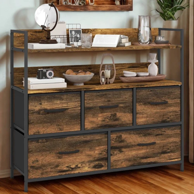 Image of FURNOS Industrial 5 Drawer Chest Storage Unit With Shelves Brown Brown Unisex