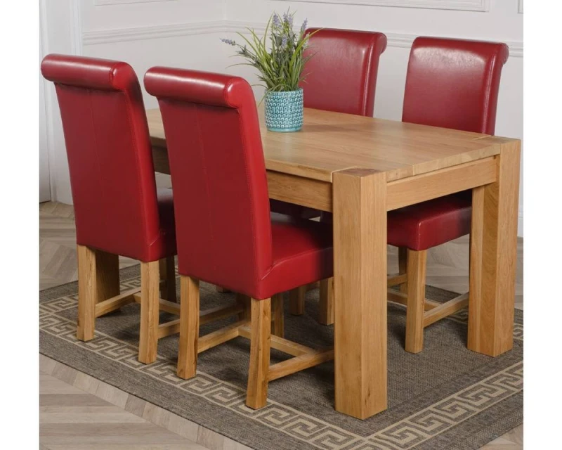 Image of Thats Furniture Kuba 150 x 85cm Medium Oak Dining Table & 4 Washington Leather Chairs in Red Red Unisex 150 x 85 cm