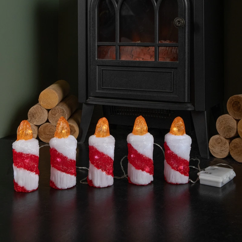 Image of 15cm Set of 5 Battery Operated Light up Christmas Candle Ornaments with 30 Cool White LEDs