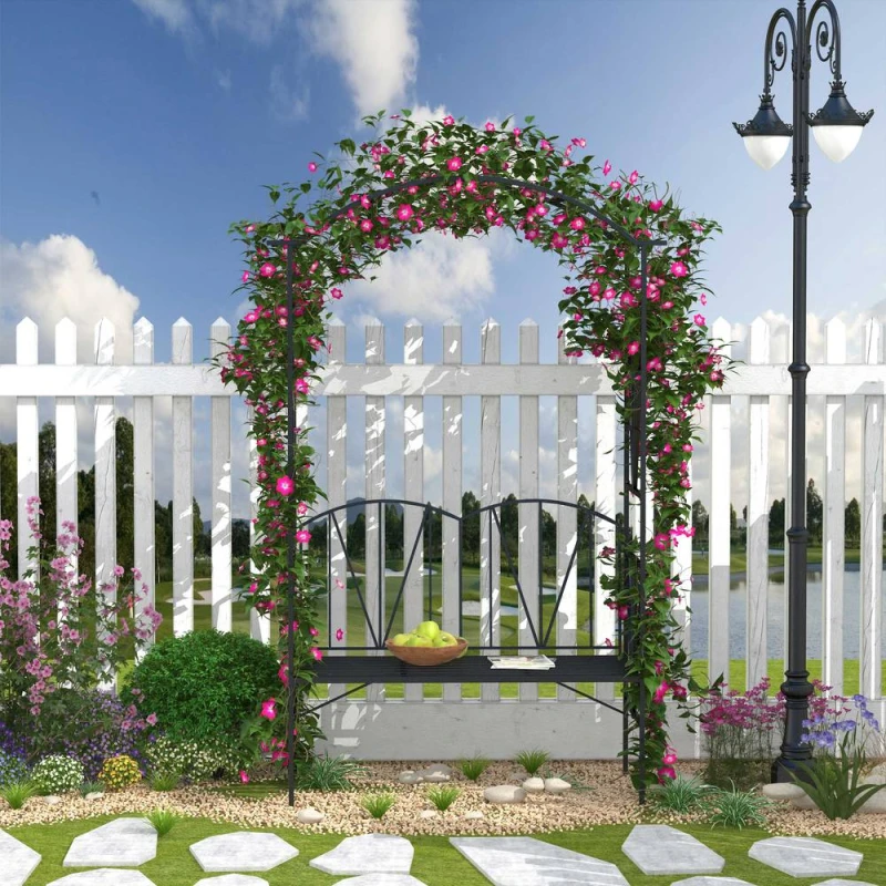 Image of OUTSUNNY Garden Bench, Metal Garden Loveseat with Arch for Climbing Plants in Black Unisex