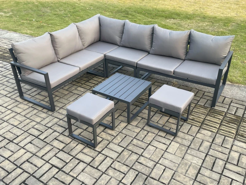 Image of Fimous 8 Seater Aluminium Garden Furniture Set Outdoor Lounge Corner Sofa Square Coffee Table Sets with 2 Small Footstools Dark Grey Dark Grey Unisex