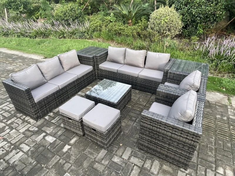 Image of Fimous Outdoor Rattan Garden Furniture Set 10 Seater Patio Lounge Sofa Set with 2 Armchairs Square Coffee Table 2 Side Tables Dark Grey