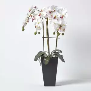 Image of Artificial Flowers Oriental Style White Orchid in a Black Pot, 70cm - White - Homescapes