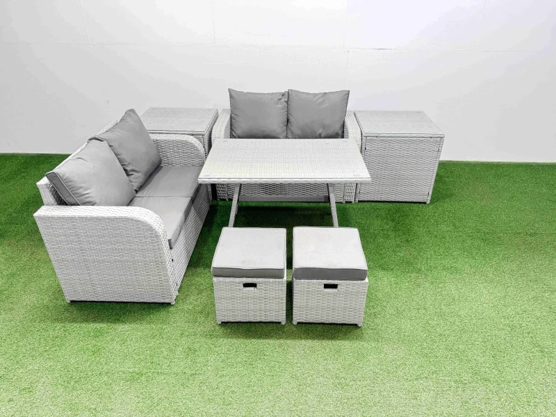 Image of Fimous 6 Seater Outdoor Love Sofa Sets Rattan Garden Furniture Set in Light Grey Light Grey Unisex
